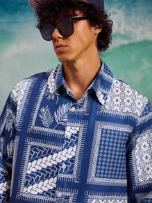 Surfspeed Men Patchwork Print Shirt & Shorts Beach Outfit Set - Black and White - View 6