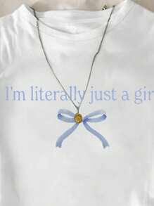 Camiseta de manga corta con lazo y patrón de letras para niña adolescente, diseño lindo, adecuada para primavera y verano