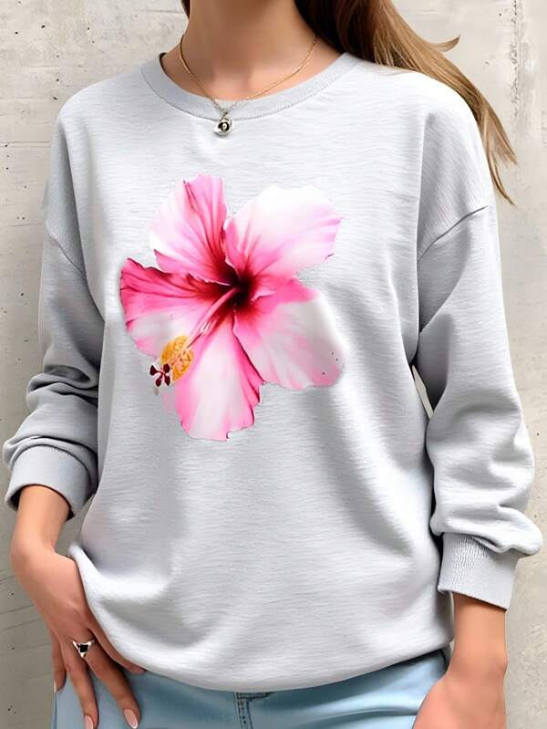 Floral Print Pullover Hoodie For Teen Girl Gray, Round Neck Sports Sweatshirt For Casual & Comfortable Wear, Suitable For Autumn/Winter Fashion