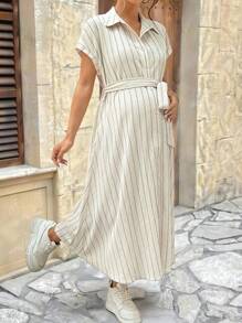 SHEIN 孕妇夏季条纹蝙蝠袖休闲衬衫裙