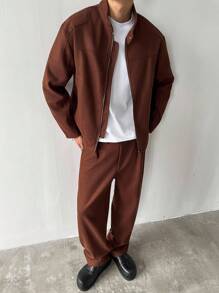 Manfinity Homme Áo khoác nam tay dài phong cách Hàn Quốc, kiểu dáng trưởng thành, chất liệu len trơn màu sáng, cổ cao nhỏ, khóa kéo bụng, thiết kế đường nối nhiều cấu trúc, phù hợp mặc hàng ngày, làm quà tặng cho bạn trai bạn bè - màu nâu - Xem 2