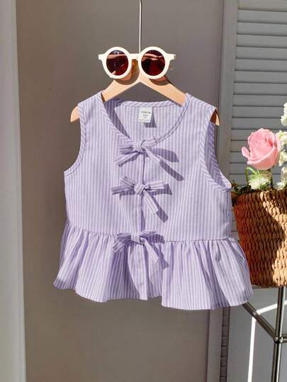 LMoss Kids 年轻女孩可爱夏季百搭粉色条纹蝴蝶结无袖上衣