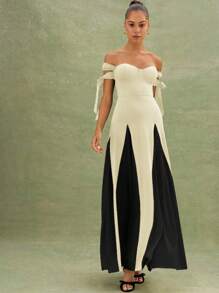 L'Amorae Elegant & Fashionable Color-Blocking Off-Shoulder Women's Dress With Waist Definition