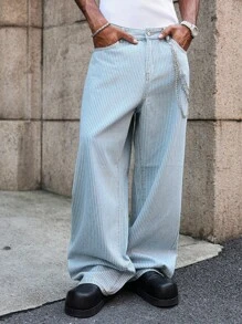 PAVTROS 男士休闲时尚街头潮流纽扣宽松阔腿牛仔裤男条纹宽松浅蓝色条纹阔腿裤 - 淺色水洗藍 - 查看 6