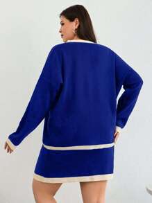 EURMUSE Contrast Trim Drop Shoulder Cardigan & Knit Skirt - Royal Blue - View 2