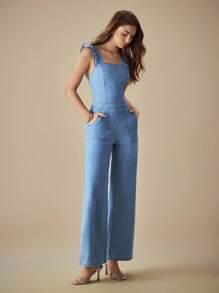 Selenza Ruffle Trim Wide Leg Denim Jumpsuit - Light Wash - View 8
