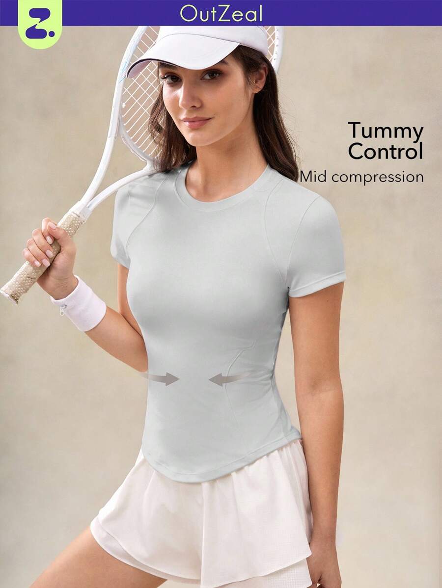 OutZeal 女士运动T恤 健身运动服 速干柔软网眼紧身短袖上衣 - 淺灰色 - 查看 1
