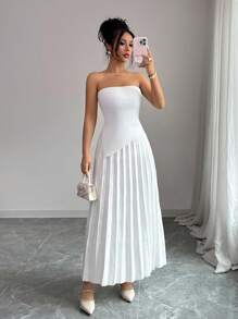 Elenzga Women Bustier Top With Pleated Skirt 2 Pieces Knit Set - White - View 3