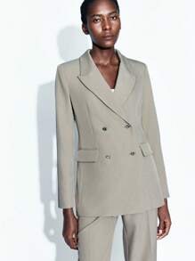 Maija 女士纯色泼墨印花翻领长袖双排扣夹克和裤子两件套休闲西装套装女式西装女式裤装西装外套套装女式西装两件套女式两件套商务休闲女装，秋季女装 - 卡其色 - 查看 7