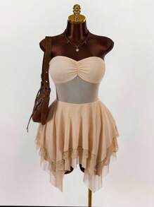 Amplova 1 pieza Vestido mini sexy transparente con bajo asimétrico talla grande, para verano - Albaricoque - Ver 1