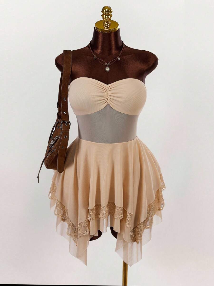 Amplova 1 pieza Vestido mini sexy transparente con bajo asimétrico talla grande, para verano - Albaricoque - Ver 1