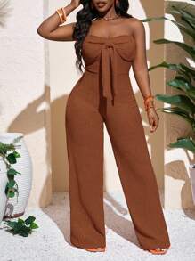 Slaydiva Novo Macacão Feminino de Tricô Laranja, Elegante e Sexy, com Top Tomara que Caia, Laço e Calça Reta de Perna Larga para Primavera e Verão - Castanho - Visão 6