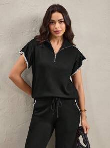 Wildy 2 Stücke/Set lässiger und bequemer amerikanischer Stil locker sitzender schwarzer Pullover für Frauen, lässiger schwarzer Strick-Damen-Lässig-Set für Herbst, Schule, Heimkehr, Lehrerin, Land-Outfits, Urlaubsmode, Ausgehmode, Arbeitskleidung, Urlaub, Zweiteiler-Set, Loungewear für Frauen, Flughafen-Outfit