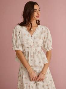 Enchnt 女式优雅碎花镂空刺绣衬衫，夏季 - 彩色 - 查看 6