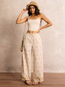 Easelle 女式刺绣阔腿裤 - 米色 - 查看 7