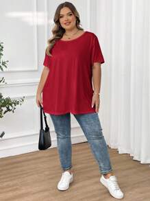 SHEIN CURVE+ 女士加大码秋冬休闲宽松纯色短袖T恤，舒适简约，适合日常穿着和假日穿着。 - 酒紅色 - 查看 7
