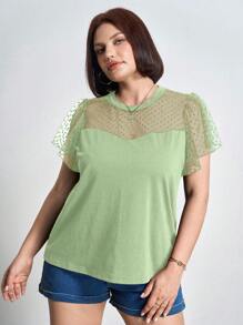 Chikora 大码音乐节女式宽松圆领网眼撞色荷叶边短袖上衣，适合夏季、办公室穿着 - 薄荷綠 - 查看 5