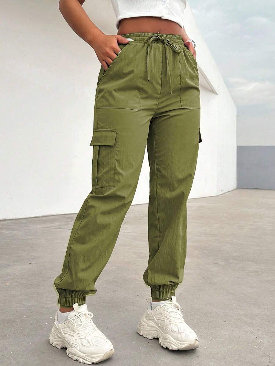 Zolique 女士休闲百搭纯色工装裤 - 橄欖綠 - 查看 1