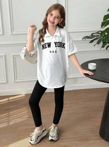 SHEIN Ensemble de 2 pièces pour jeune fille, style streetwear, t-shirt demi-zip avec col et legging noir unicolore, pour le port casual quotidien - Blanc - Voir 4