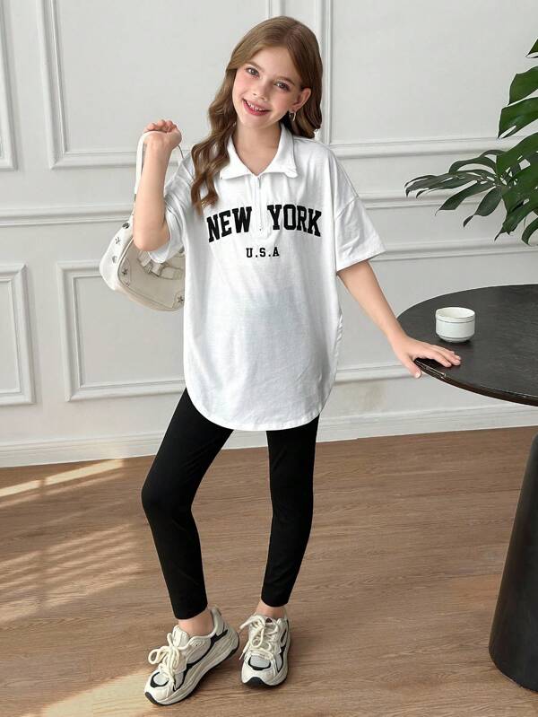 Tween Girl Streetwear Style Half-Zip Tee Shirt With Collar And Solid Black Color Legging 2 Pieces Set, For Casual Dailywear