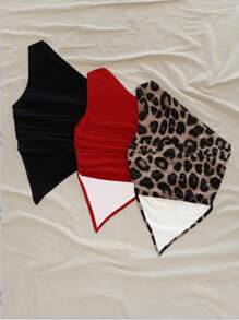 Soleia 3pcs/Pack Women Summer Vacation Leopard Print, Solid Color, Asymmetric Hem Shoulder Top, Suitable For & Beachwear Tops - Multicolor - View 2