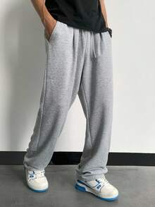 SHEIN Casual Solid Color Drawstring Knit Pants For Teenage Boys, Comfortable, Versatile, Suitable For Commuting, School, Everyday Wear, Sports, Party, Autumn/Winter Seasons Grey Sweatpants Wide Leg Sweatpants Baggy Sweatpants Comfy Pants Fall - Light Grey - View 5