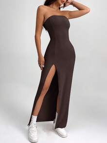 SHEIN PETITE Women Solid Color Strapless Split Thigh Bodycon Dress Brown Strapless Dress High Slit Maxi Dress - Brown - View 4