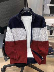 SHEIN Tween Boy 基本款休闲宽松前开撞色针织开衫，适合通勤、上学、日常休闲、运动、春夏秋冬 - 寶藍色 - 查看 4