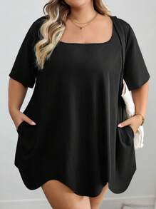 SHEIN CURVE+ 大码女装/秋季/冬季女装/冬季大码方领不对称下摆口袋短袖T恤黑色上衣 8XL 女装 6XL 女装 5XL 大码女装 大码上衣 大码女装 大码女装 大码女装 假日 女装 秋季 女装 冬季 大码女装 - 黑色 - 查看 6