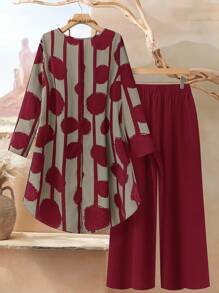 Rusticease Plus Size Women 2pcs Set Geometric Print Round Neck Long Sleeve Asymmetric Hem Top And Pants, Casual, Winter Set,Suitable For Early Autumn,Going Out Outfits,Western Outfits ,Women Vacation Outfits