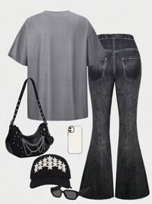 少女休闲卡通动漫女孩印花短袖上衣和裤子两件套 - 灰色 - 查看 2