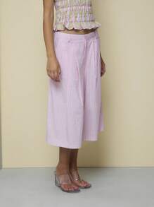 COUREZ 超大款阔腿长款格纹牛仔短裤/Y2K秋季女装冬季服装100%纯棉可爱外出穿搭 - 粉色 - 查看 5