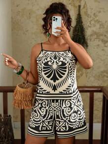 Travachic Conjunto de Verão Plus Size Feminino com 2 Peças, Impressão Retrô, Top com Suspensório Solto e Conjunto de Shorts Relaxados, Roupa de Praia Casual