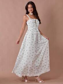 Enchnt Vestido maxi de princesa con estampado floral blanco, volantes y lazos en los tirantes para mujer, romántico de verano - Multicolor - Ver 6