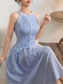 Modelyn 女士天蓝色褶皱棉质中长连衣裙，夏季 - 粉色 - 查看 5