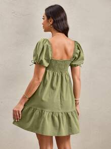 Wildy 女式夏季泡泡短袖方领修身水洗牛仔喇叭迷你连衣裙 - 綠色 - 查看 2