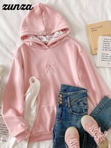 Sparklyn 青少年女孩休闲时尚可爱粉色蝴蝶结刺绣连帽运动衫 - 粉色 - 查看 2