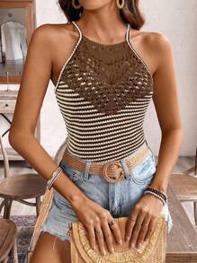 SHEIN Frenchy 女士度假休闲条纹蕾丝拼接露背上衣 - 彩色 - 查看 3