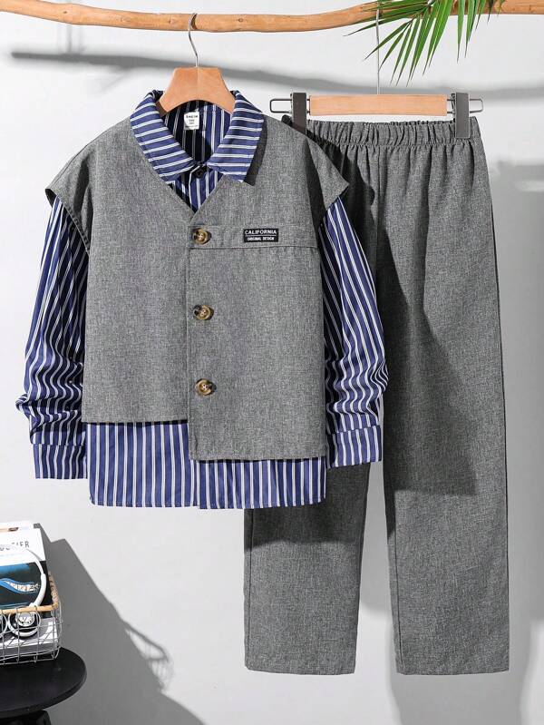 3pcs/Set Tween Boy Casual Side Pocket Sleeveless Open Front Vest, Long Sleeve Striped Shirt And Long Pants, Suitable For First Day Of School, Daily Wear, School Clothing, Spring, Summer, Autumn, Winter