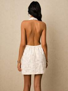 Poéselle Women's Vacation Sexy Backless Sequin Mini Halter Dress - Apricot - View 6