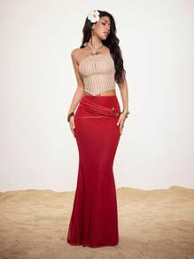 Shutterstock Glamance Women's Solid Color Pleated Design Mermaid Hem Maxi Elegant Skirt Red Maxi Skirt Long Red Skirt Red Mermaid Skirt Red Long Skirt Y2K 2000s Back To School Fall And Winter Club Outfits Women Sexy Date Night Outfits Women