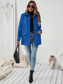 EMERY ROSE 女式纯色长袖单排扣休闲宽松口袋夹克 - 寶藍色 - 查看 7