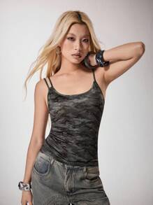 Vecteezy Olive Green Camouflage Reflective Fabric Asymmetric Design Women's Fitted Cami Top Suitable For Summer Vacation Party Everyday Camo Tank Top Women Camo Tank Top Camo Top Women Camo Top Tank Top Y2K 2000s Cute Top Back To School Club Outfits Women Sexy Going Out Tops - Army Green - View 6