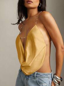 Denimoi Women's Print Decorate Chain Drapery Neck Top - Yellow - View 6