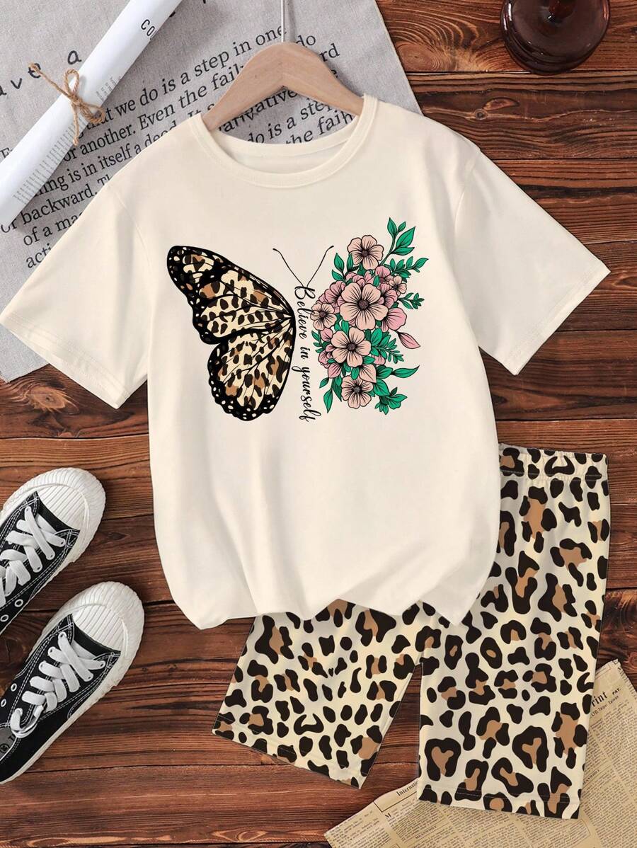SHEIN 2件套青少年女孩豹纹短裤和蝴蝶印花上衣休闲装