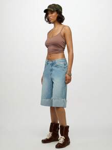 SUMWON WOMEN 阔腿长款牛仔短裤高腰卷边磨边宽松百慕大牛仔短裤夏季海滩节度假宽松街头服饰 - 藍色 - 查看 4