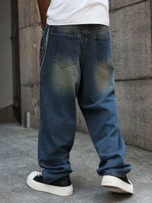Major Grit Manfinity Streetrush Korean Style Straight Leg Loose Jeans With Embroidery, Street Fashion Men Baggy Jeans - Blue - View 6