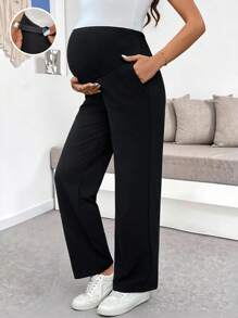 SHEIN 孕妇纯色可调节腰部口袋休闲裤