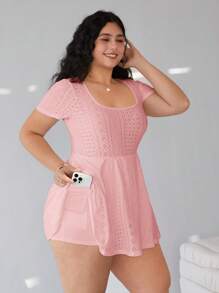 Solflare 大码女士海滩度假装，纯色短袖休闲连体裤，日常穿着，春夏装 - 粉色 - 查看 3