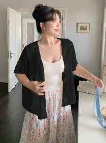 Dazy Plus Áo khoác cardigan ngắn tay buộc phía trước bằng vải họa tiết màu trơn dành cho nữ - màu đen - Xem 6